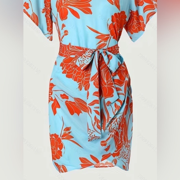 Plant Print V Neck Casual Asymmetrical Hem Tie Waist Dress - Picture 3 of 5